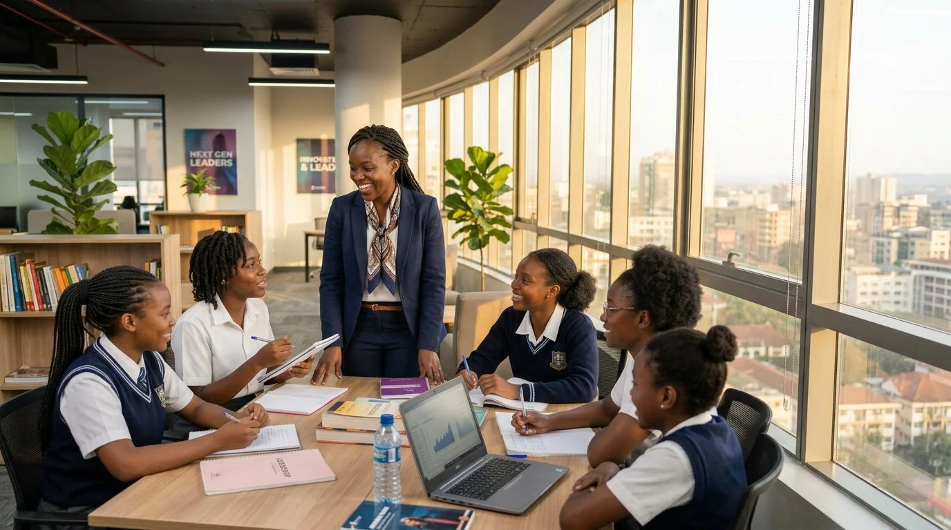 A group of young girls in school uniforms sitting around a table, engaged in a discussion or lesson with a smiling woman standing and leading the conversation in a bright, modern office or classroom with large windows and city views.