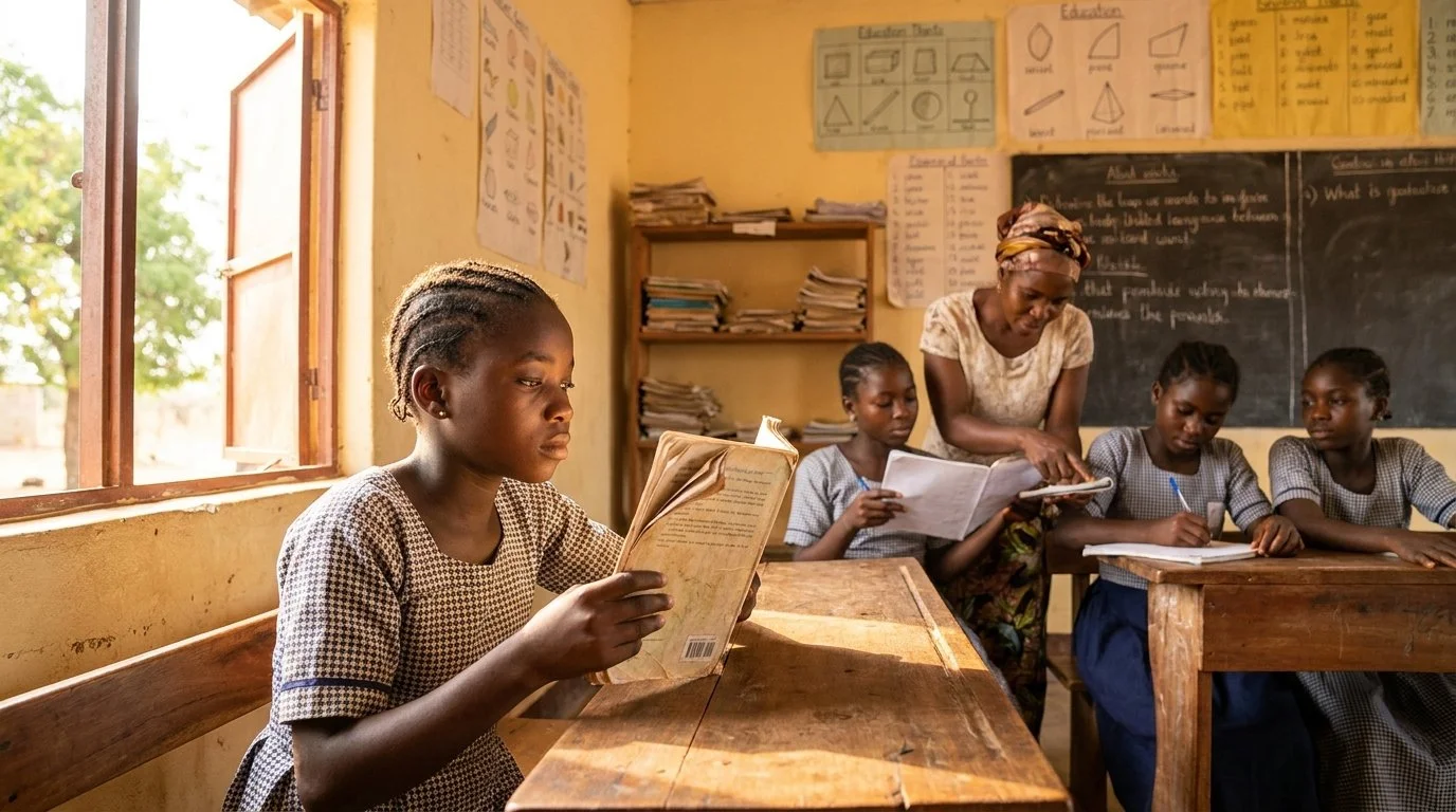 A classroom with five young girls and a teacher, one girl reading a book, others taking notes, in a sunny room with open window, educational posters on the wall, and chalkboard in the background.