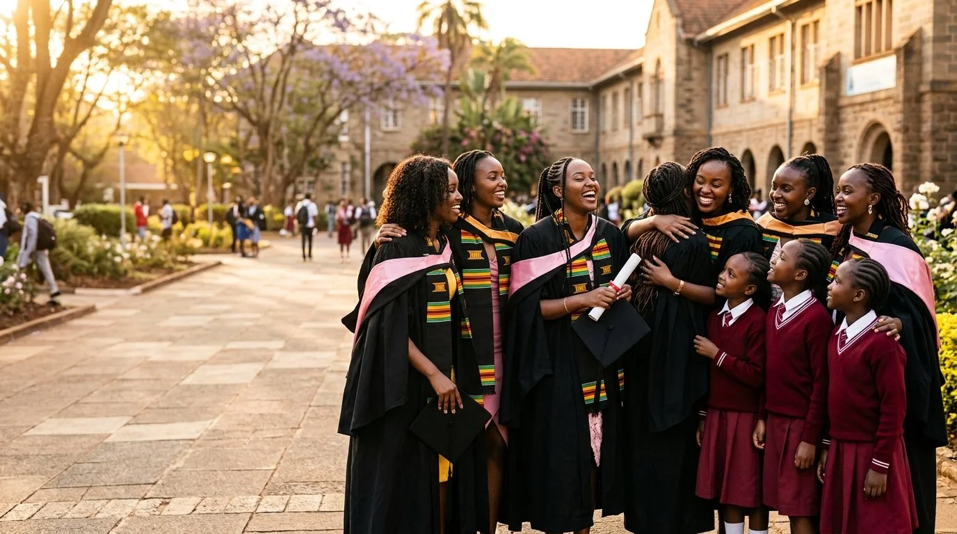 Group of graduates in caps and gowns smiling and celebrating on a university campus with younger students in uniform.