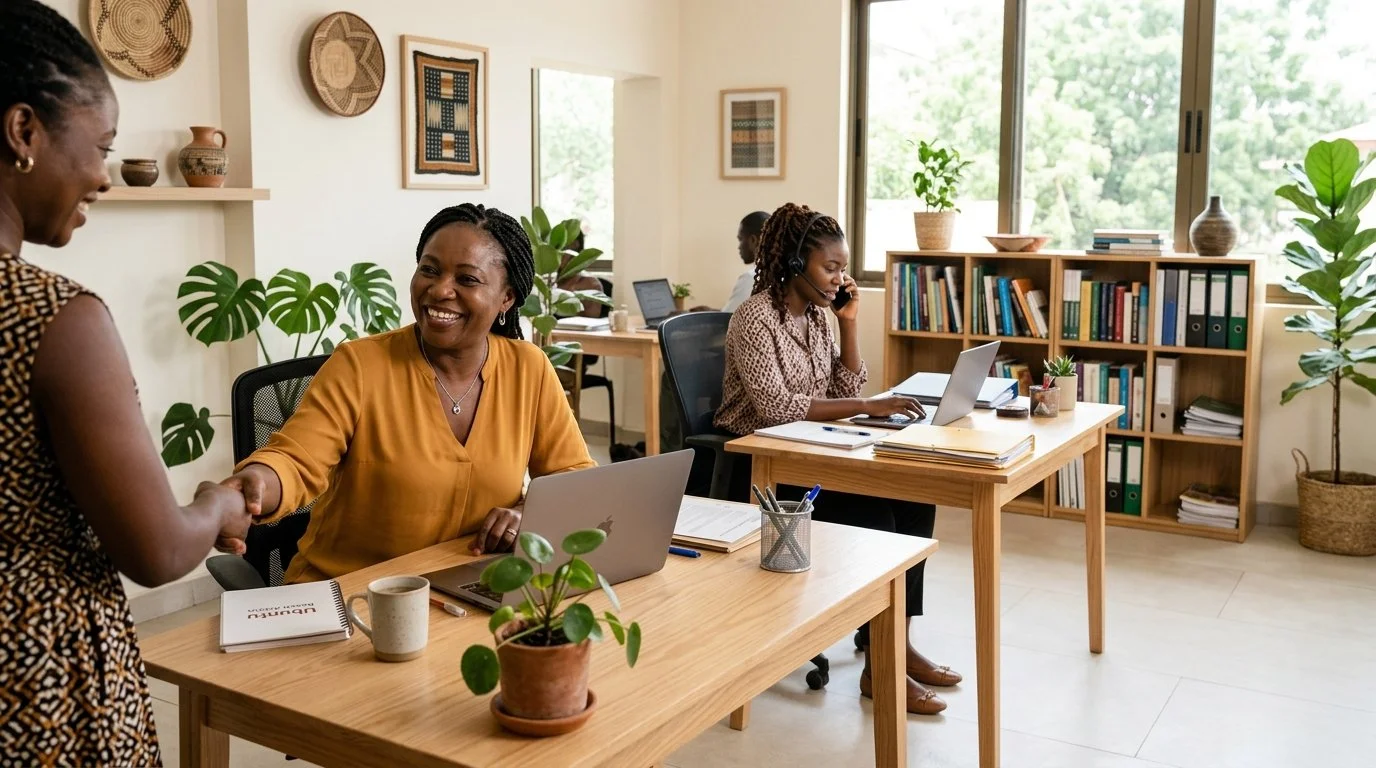 A group of four diverse women in an office, one woman is shaking hands with another, and one woman is talking on the phone, all working at wooden desks with laptops and office supplies. There are plants and bookshelves in the background.