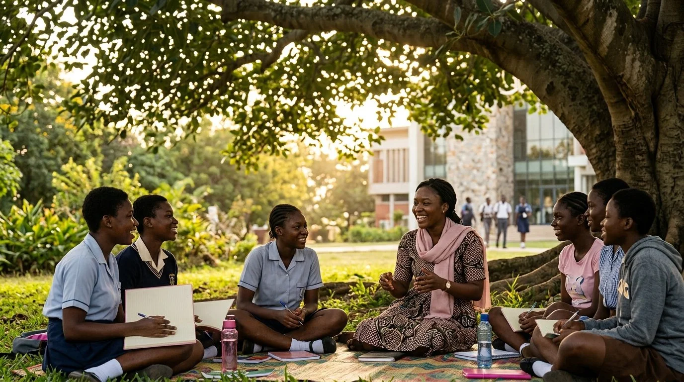 A woman teacher and six students sitting on a blanket under a large tree, outdoors, during daytime. The students are taking notes and smiling, engaged in a discussion or lesson.