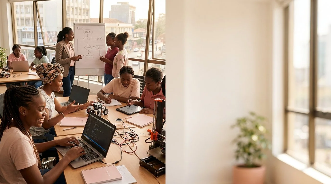 A diverse group of people working together in a modern office, some using laptops, others discussing at a whiteboard, with large windows letting in natural light.