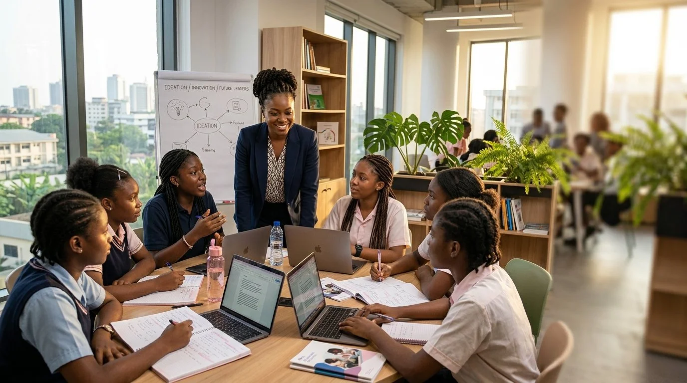 A group of girls in school uniforms sitting around a table with laptops and notebooks, engaged in a discussion with a smiling woman standing among them, in a bright classroom with large windows and greenery outside.