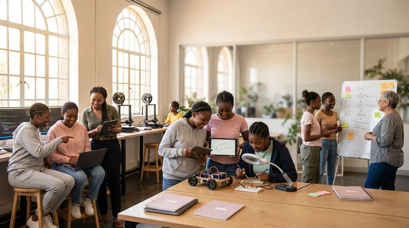 Group of young women working together in a bright modern classroom or co-working space, with some analyzing a small robot and others discussing around a whiteboard with flowcharts.