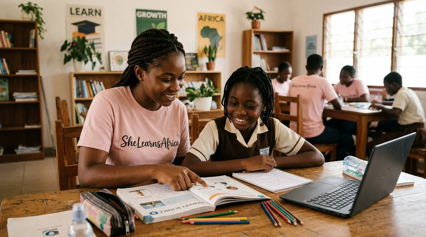 A teacher and student smiling at a book in a classroom with other students in the background, desks, shelves, and educational posters.