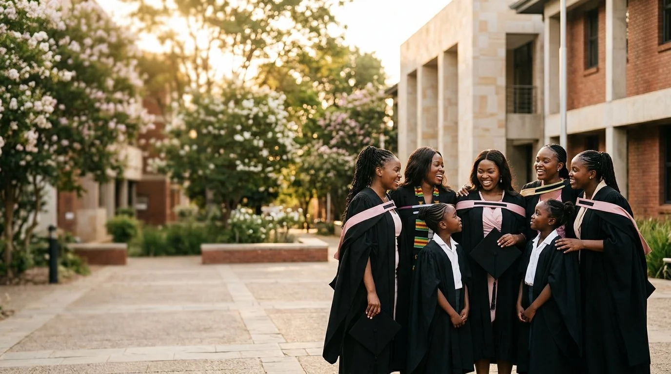 Group of graduates in caps and gowns standing outdoors on a university campus, smiling and talking with each other at sunset.