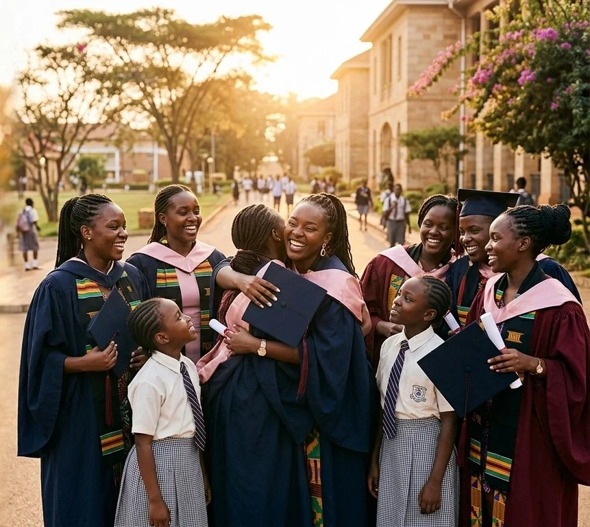 Group of smiling graduation students and children outdoors during sunset, celebrating with hugs, wearing caps and gowns, in front of university buildings.