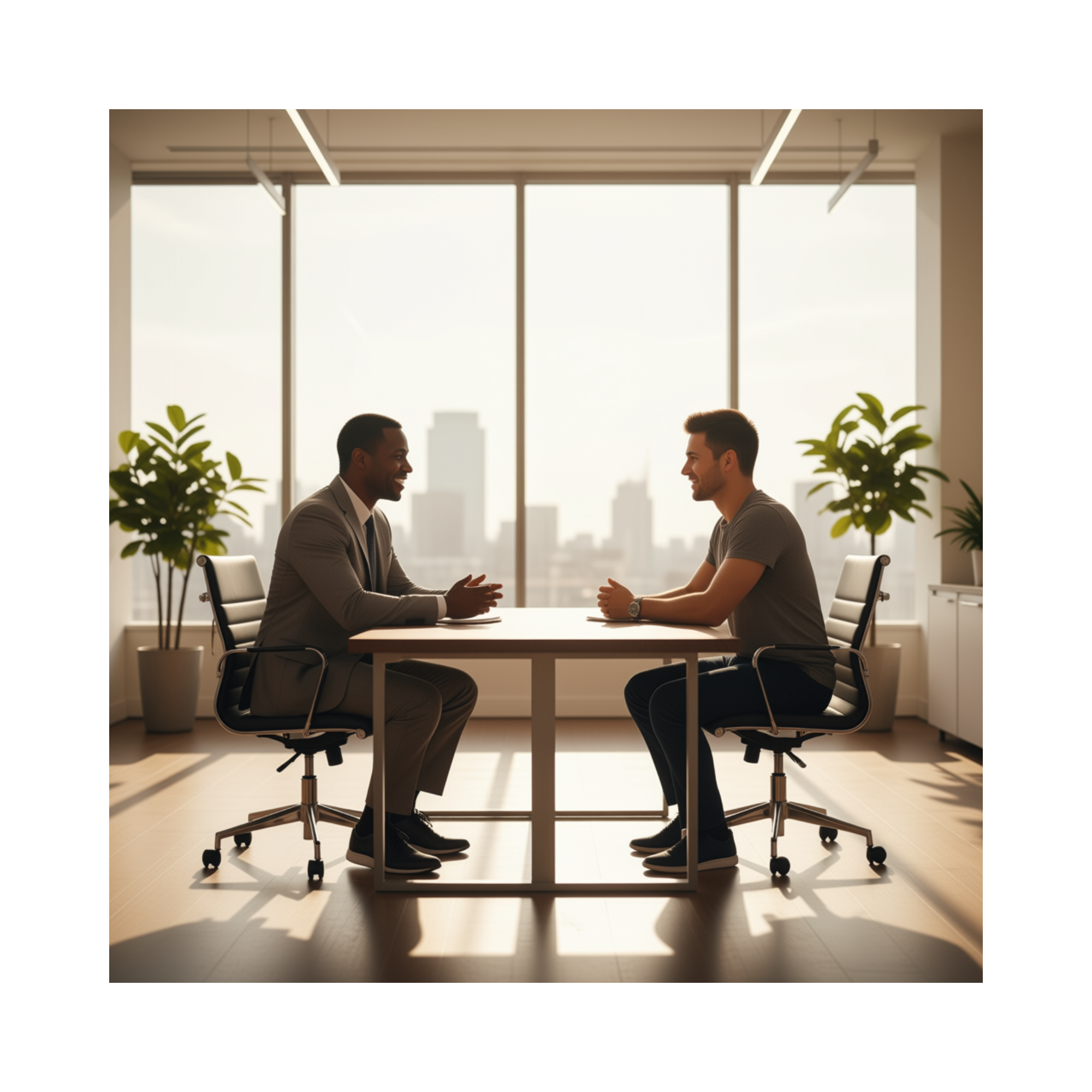 Two men sit across from each other at a conference table in a modern office, engaged in conversation with a city skyline visible through large windows behind them.