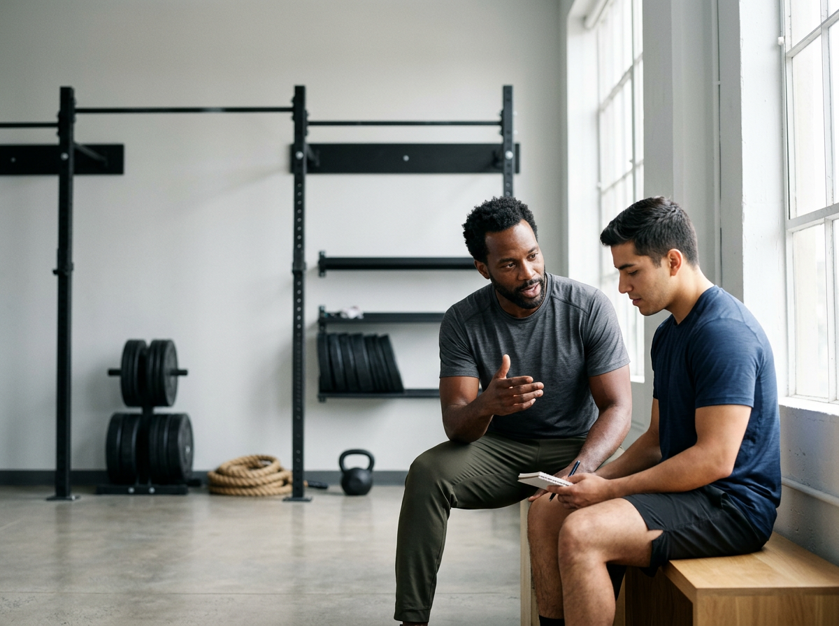 A trainer or coach talking to an athlete in a gym, both sitting on a bench near large windows, with gym equipment like weights, a kettlebell, and rope in the background.