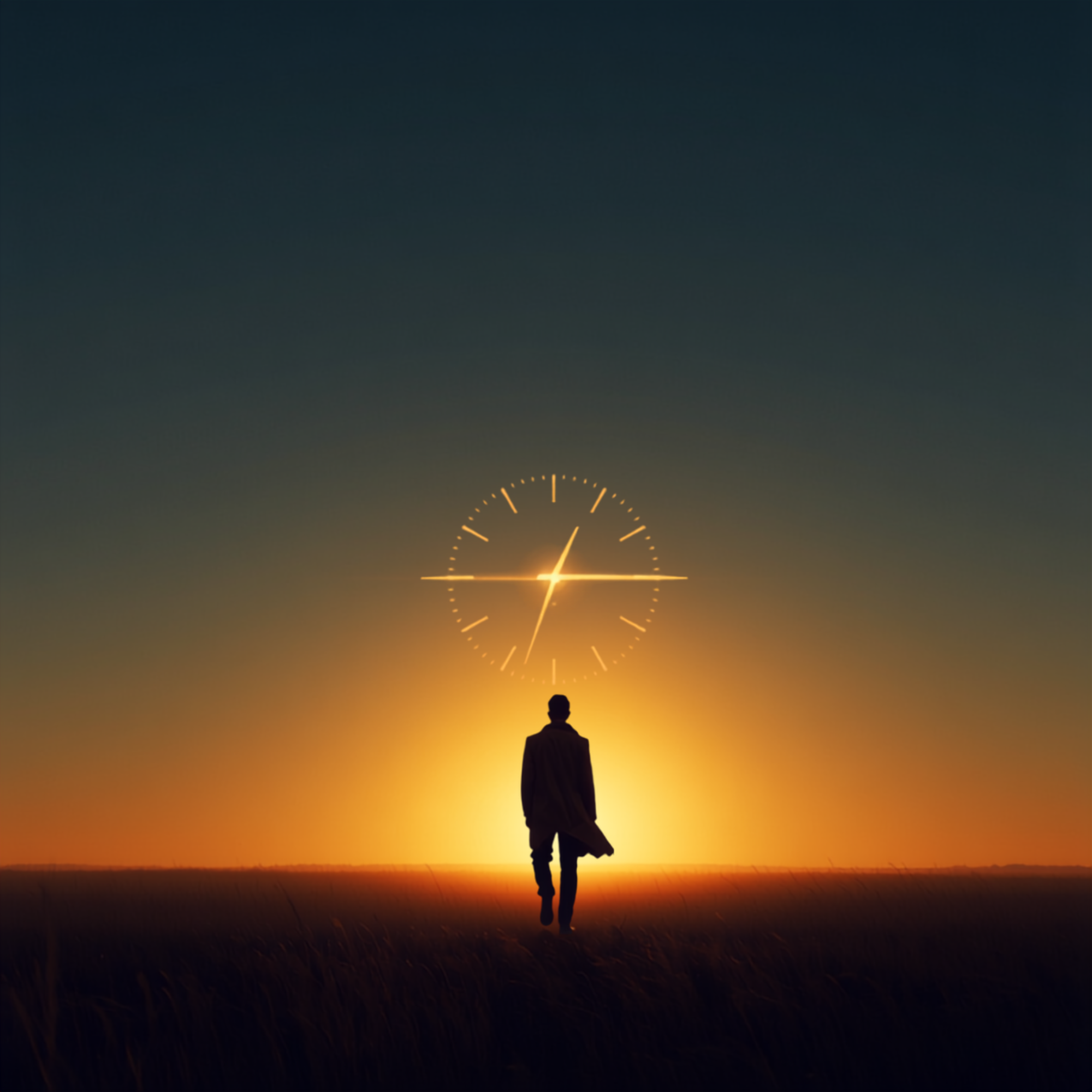 A person walking in a field at sunset or sunrise, with a skeletal clock overlay showing the time at 12:03, and the sky in gradient shades of green, yellow, and blue.