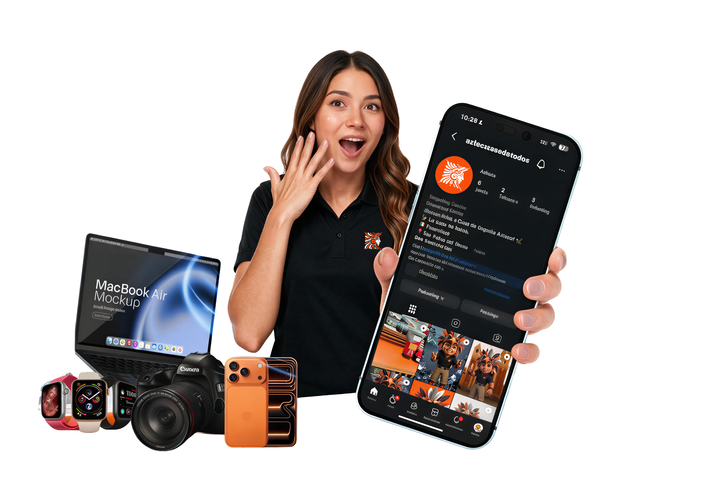 Casa de Empeño en San Pablo Mujer joven sorprendida sosteniendo un teléfono inteligente con la pantalla en primer plano, rodeada de productos electrónicos como laptops, cámaras, relojes inteligentes, y dispositivos móviles, en un fondo transparente.