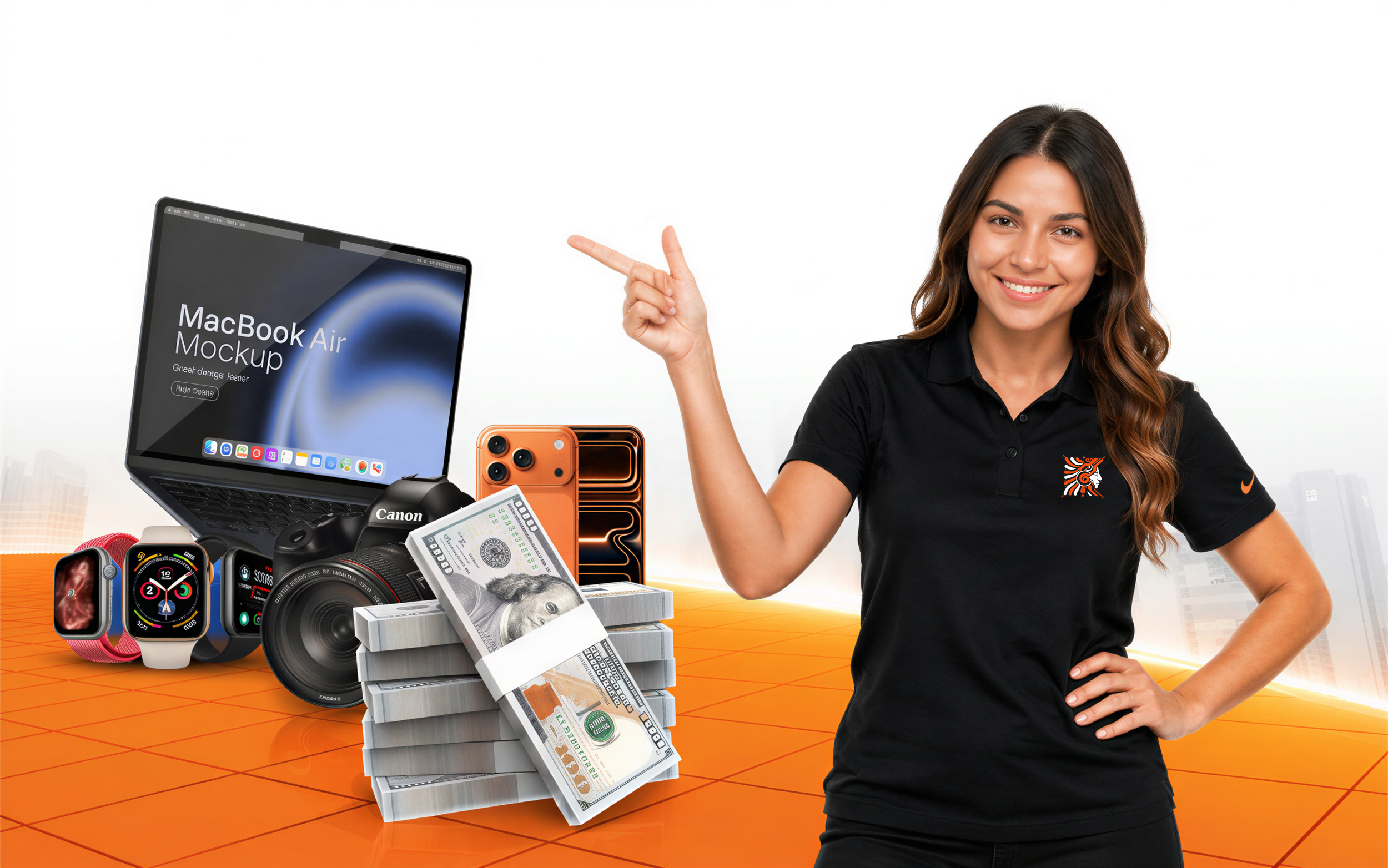 Casa de Mujer sonriendo con polo negro con logo de tigre, señalando hacia izquierda, rodeada de tecnología y dinero, incluyendo una laptop MacBook Air, relojes inteligentes, una cámara, un teléfono móvil y pilas de dinero
