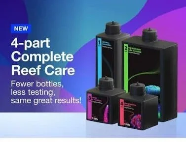 Displays four different reef care bottles, each with a numbered label, set against a blue and purple background. Text highlights a 4-part complete reef care system offering fewer bottles, less testing, and the same results.