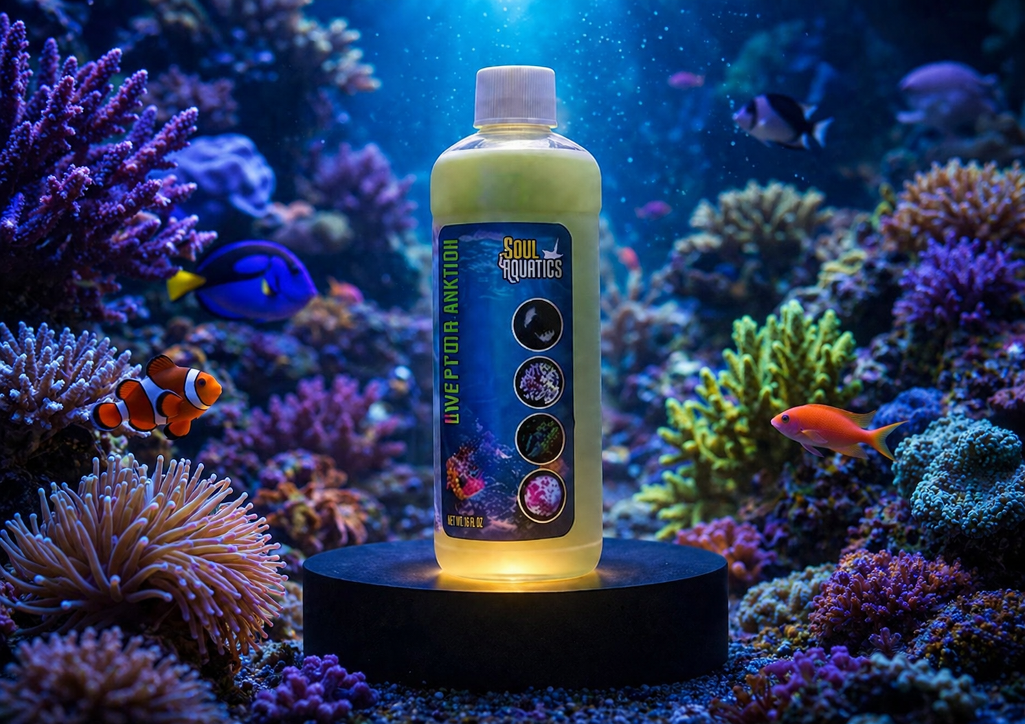 Bottle of Soul Aquatics live coral aquarium supplement surrounded by colorful coral and tropical fish in an underwater scene.