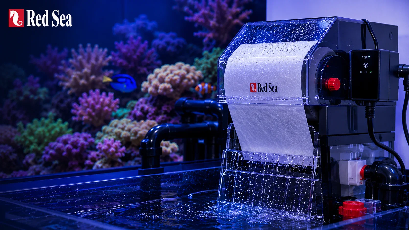A Red Sea protein skimmer in an aquarium with coral and fish, used for removing organic compounds from water.