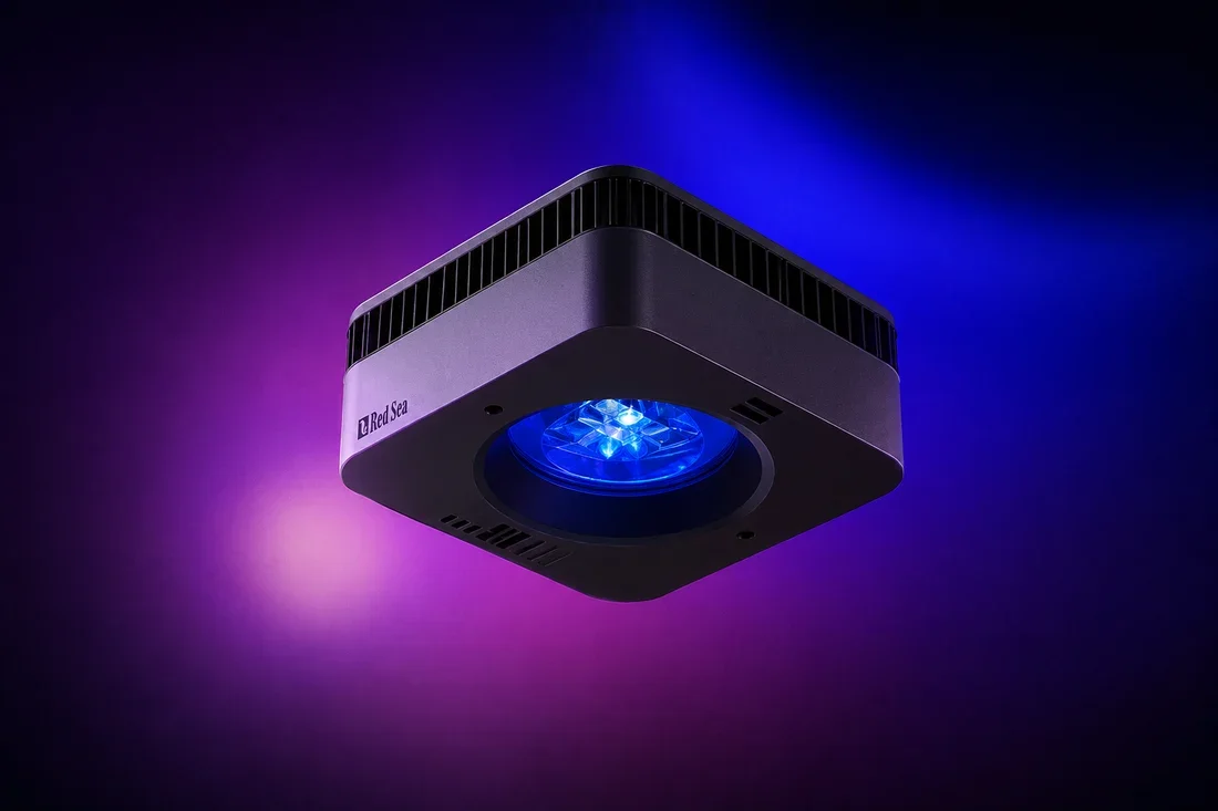 A square-shaped device emitting blue and purple light, with a fan-like vent on top and the brand name 'Red Sea' on its side, against a dark background.