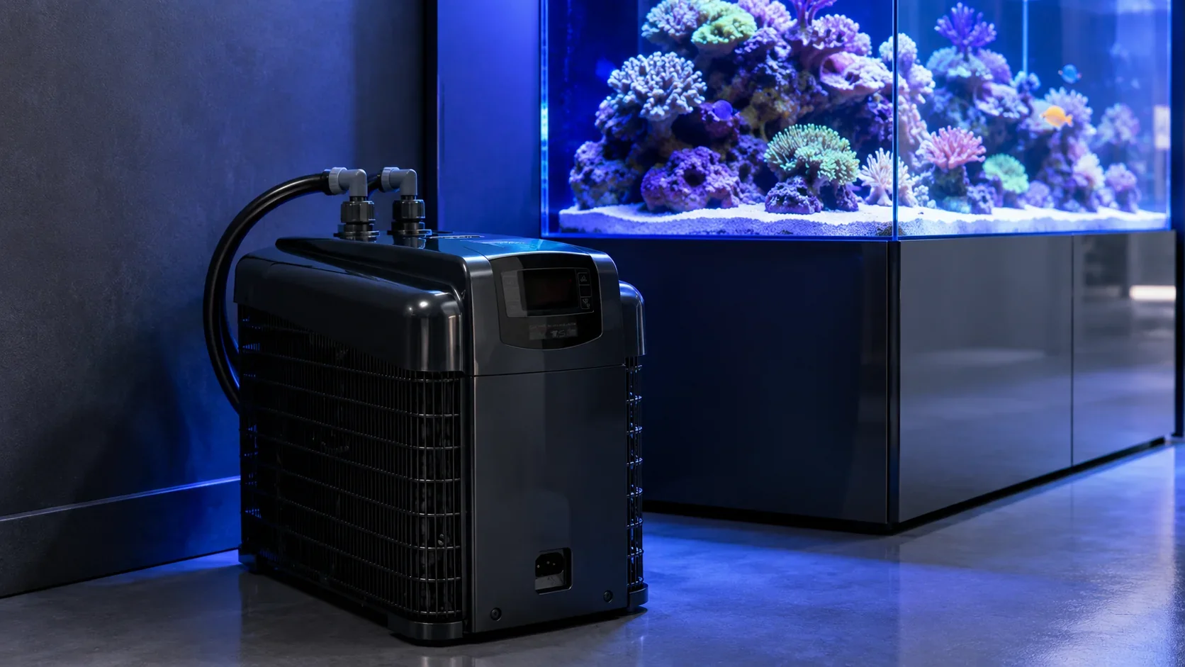 A modern aquarium with colorful coral and fish, with a black fish tank chiller unit nearby to regulate temperature.