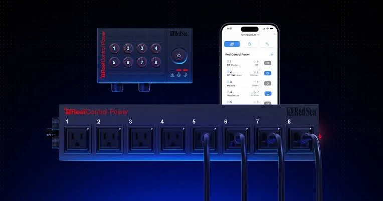 Electrical power strip with eight outlets, connected to a power management device and a smartphone displaying an app for controlling aquarium equipment.