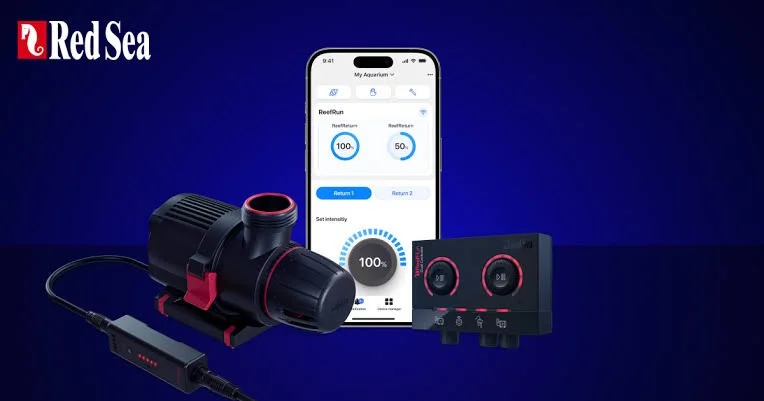 A Red Sea water pump connected to a control device and a smartphone displaying an app for managing aquarium parameters.