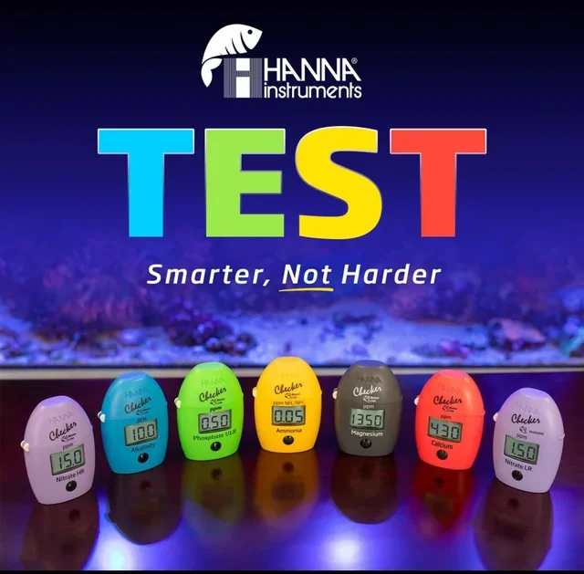 Display of five underwater checkers testing devices with digital screens showing different water parameters, set in front of a screen with the words 'HANNA instruments TEST Smarter, Not Harder'.