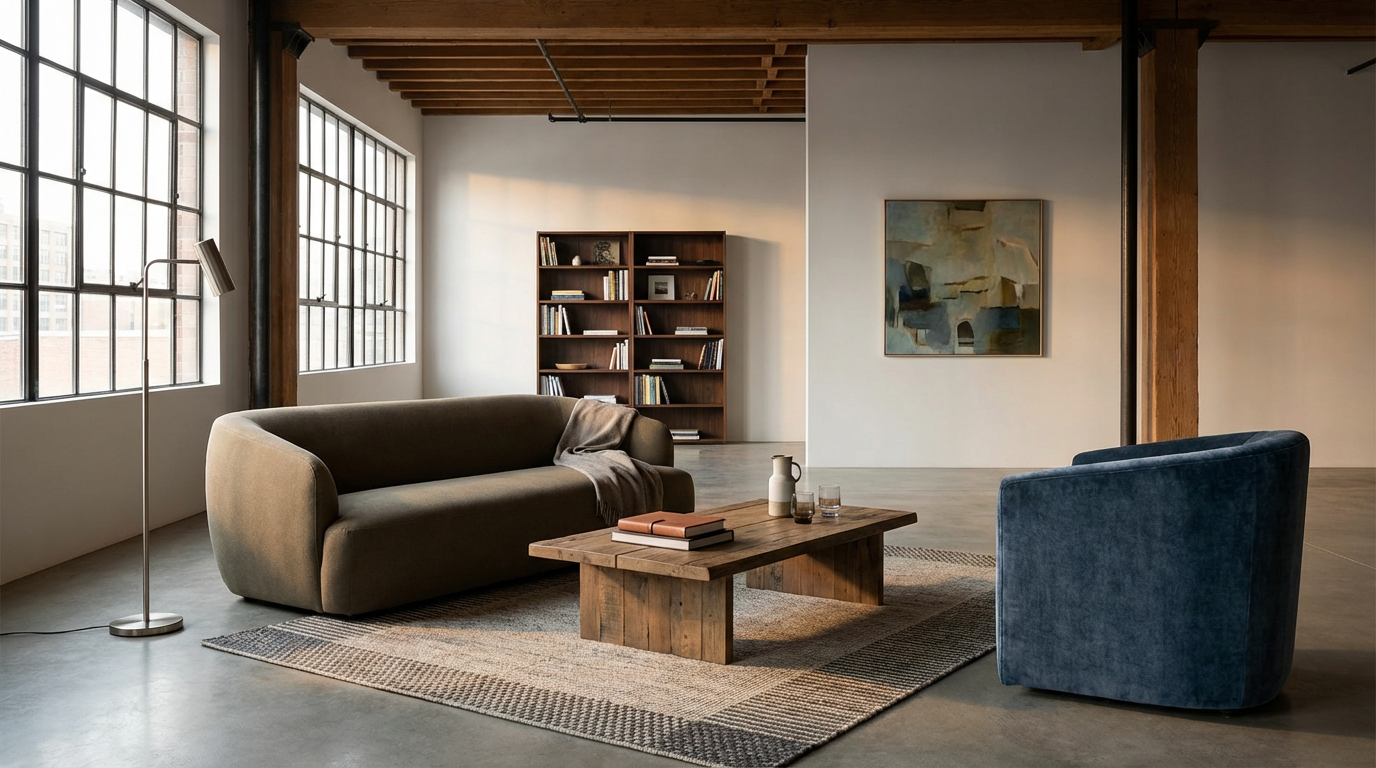 A modern living room with large windows, a wooden ceiling, a beige sofa with a throw blanket, a blue armchair, a wooden coffee table with books and drinks, a bookshelf, and abstract art on the wall.