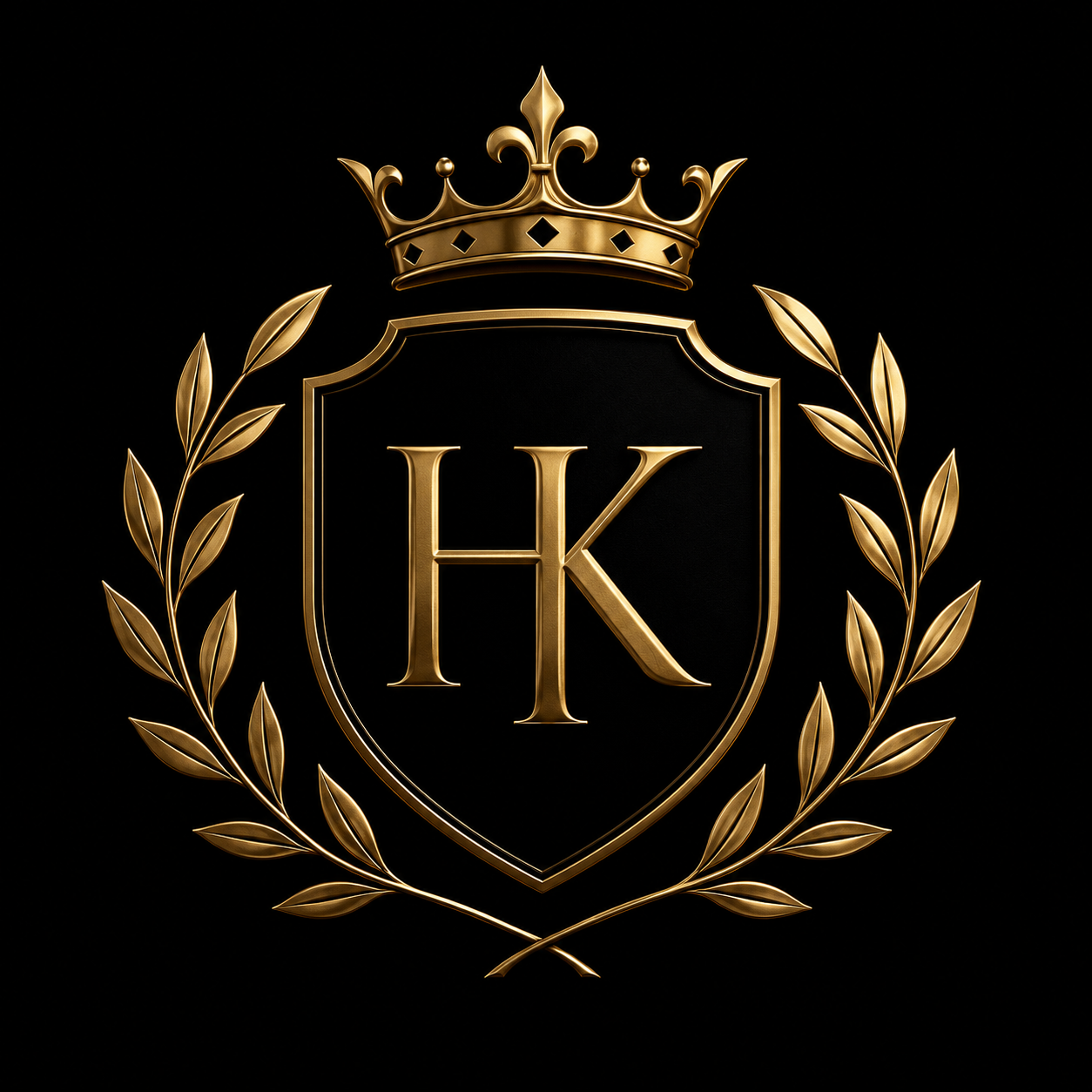 House of Kaver gold crest logo featuring the HK monogram inside a shield with a crown and laurel wreath on a black background.