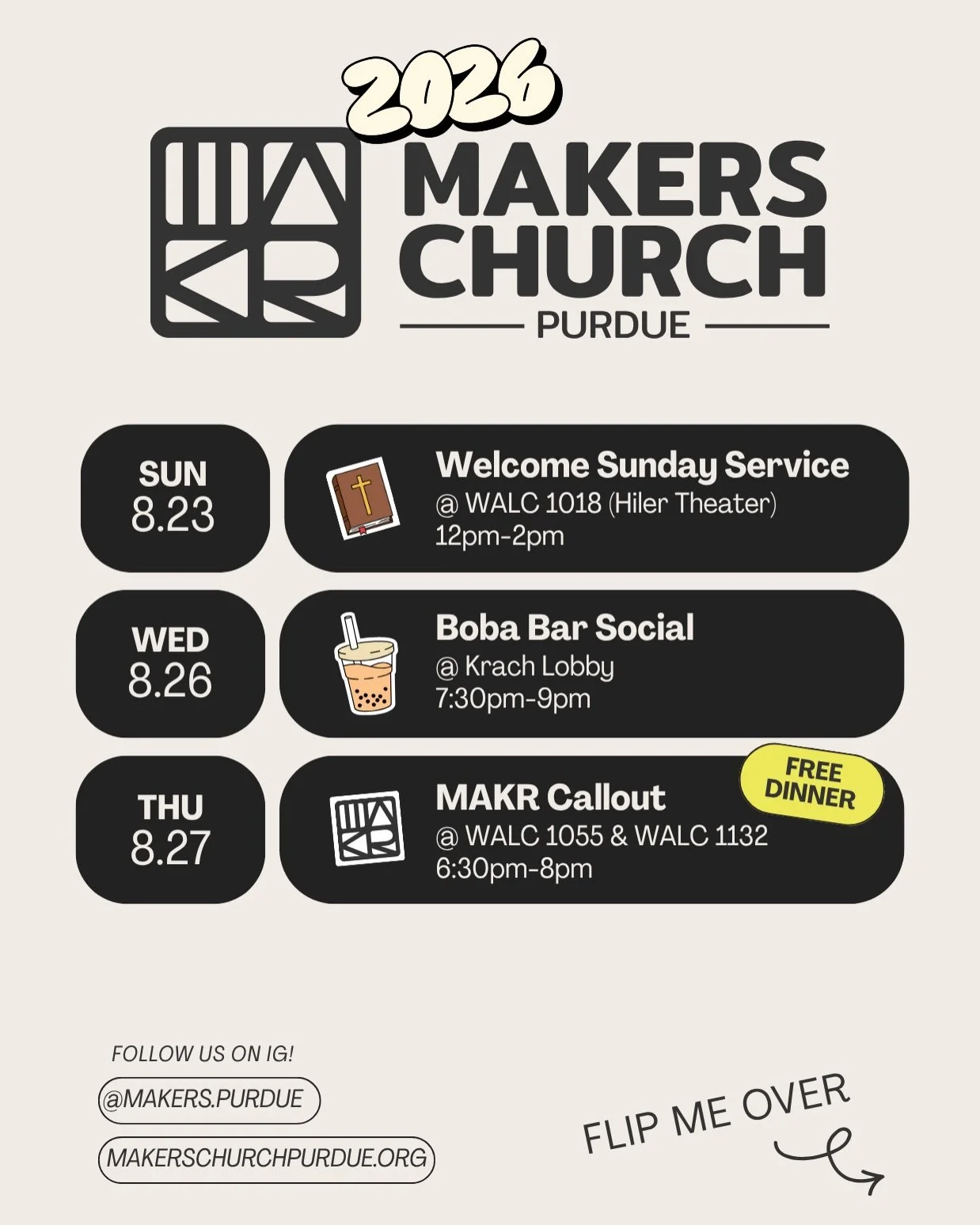 hi! 👋🏽 are you looking for a church, interested in exploring christianity, or wanting to connect with other believers on campus?

we are makers church, a christian college church @ purdue! we have lots of fun welcome week events + interest groups t