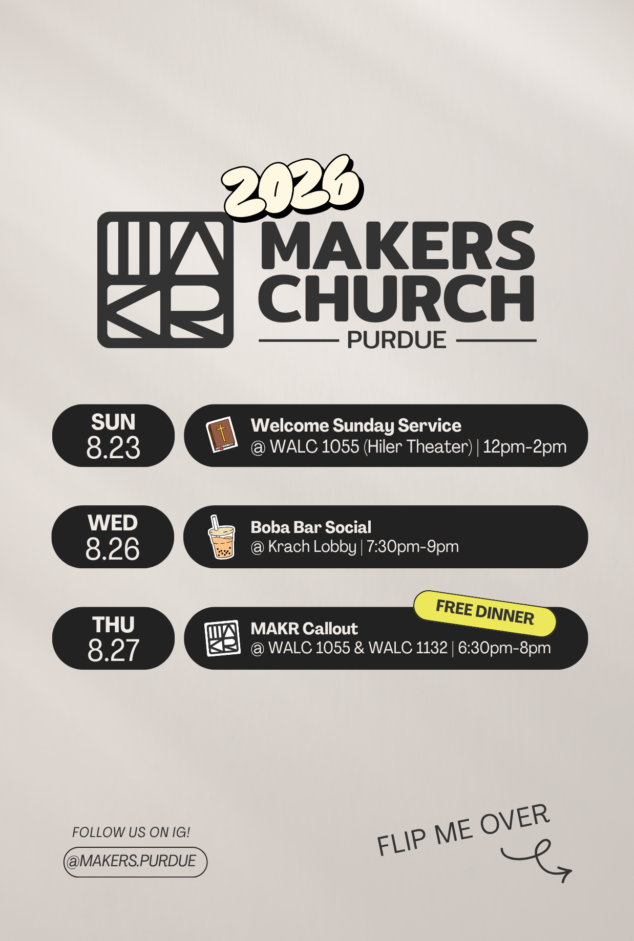 Poster for Purdue Makers Church events in August 2023, including a Sunday service, boba bar social, and Makr Callout, with dates and locations listed.