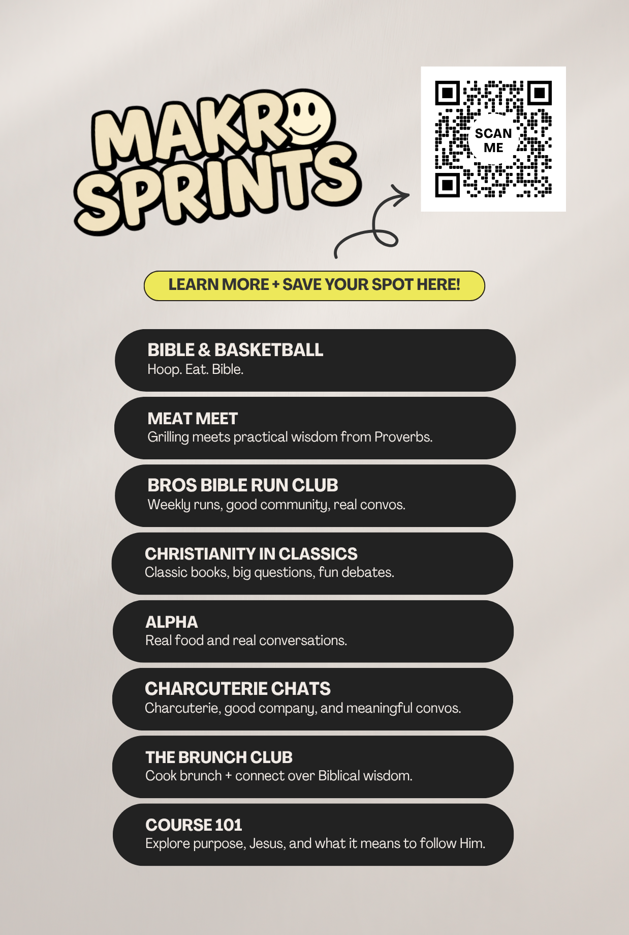 Flyer for Sprints community event featuring a QR code, event categories such as Bible & Basketball, Meat Meet, Bros Bible Run Club, Christianity in Classics, Alpha, Charcuterie Chats, The Brunch Club, and Course 101 with brief descriptions of each.