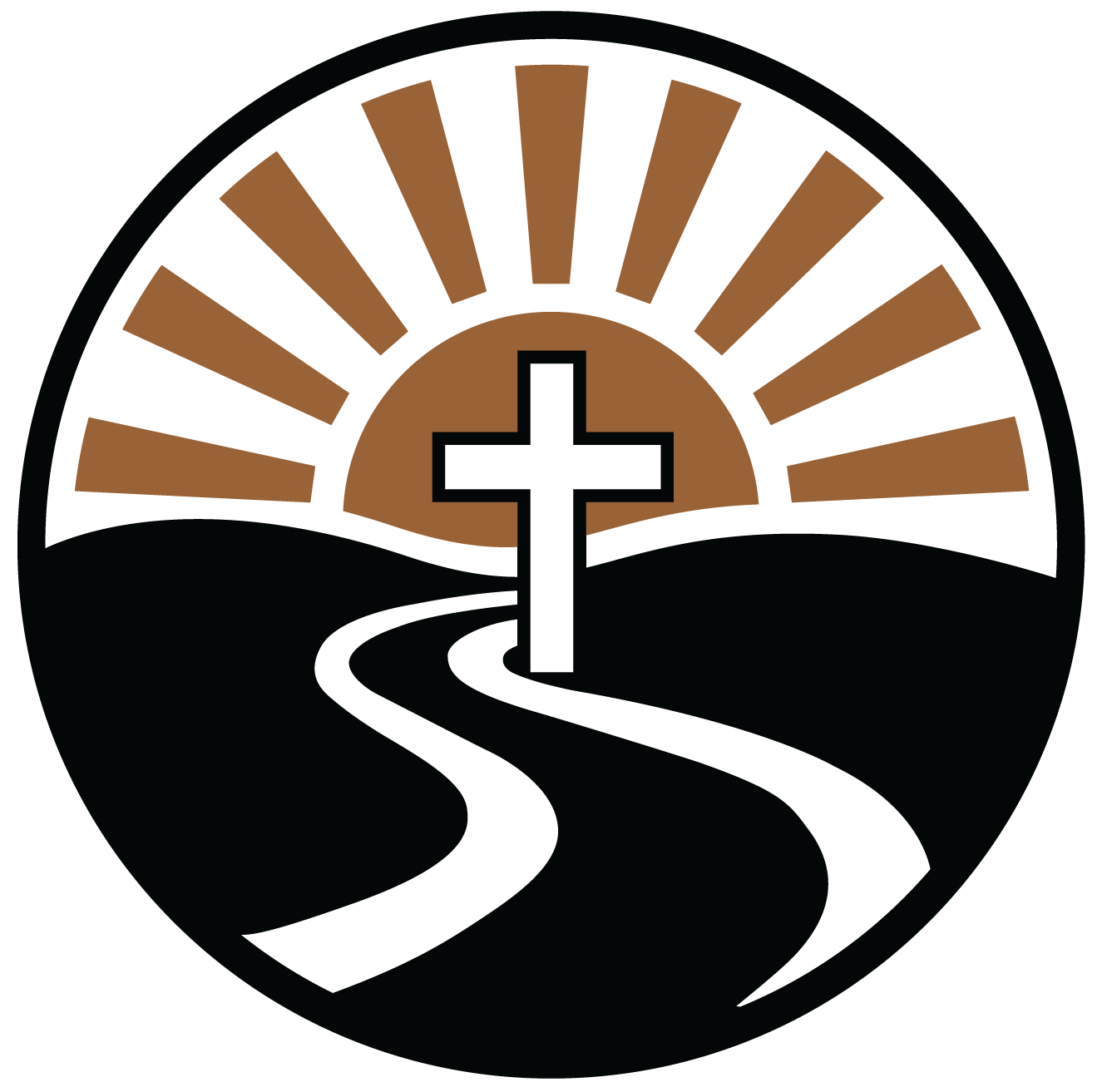 Sunrise with a cross in the foreground, pathway leading towards the sun, creating a religious or spiritual scene.
