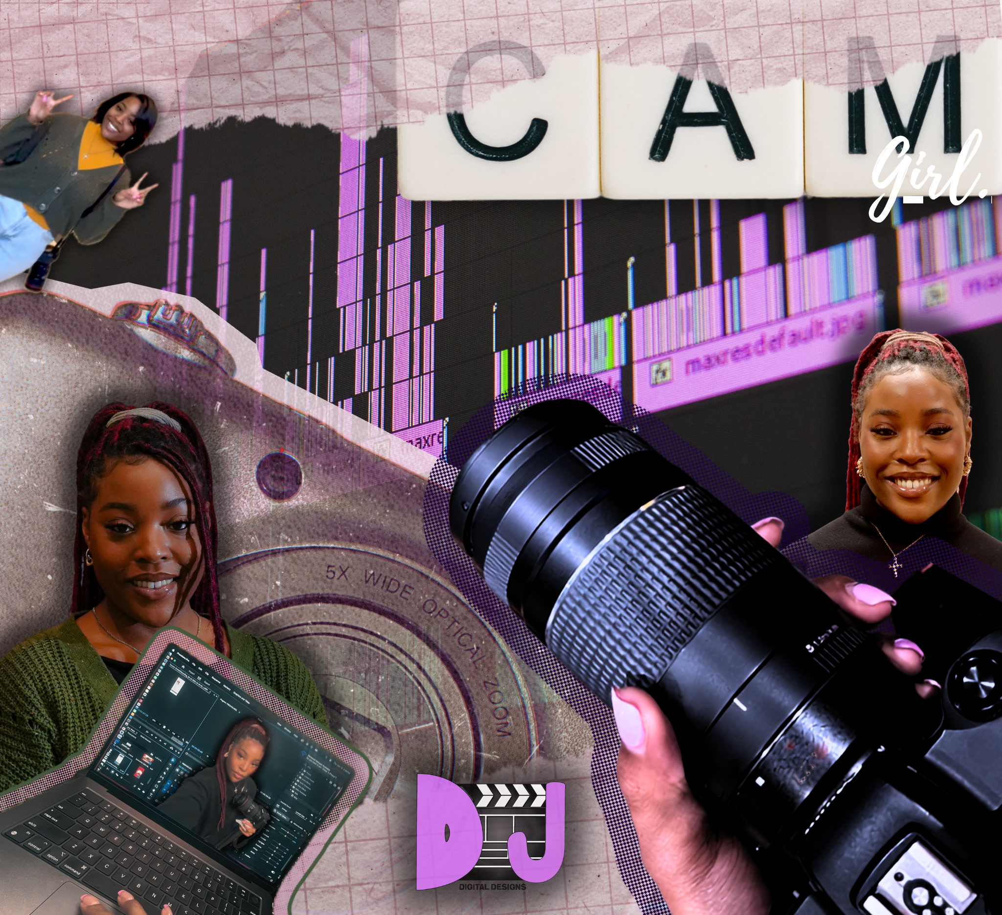 A collage featuring a smiling woman with braids holding a tablet, two women, and various objects including a camera, a music player, and a torn paper with the words 'I am girl.' and 'Digital Designs', against a background of a digital graph and a pink grid.