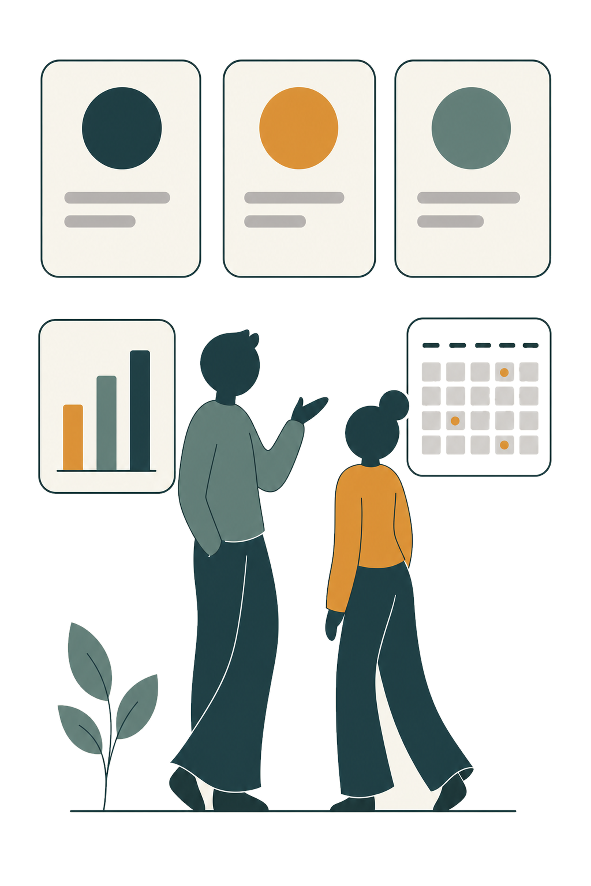 Two volunteers looking at rostering, stats and wellbeing app with a plant