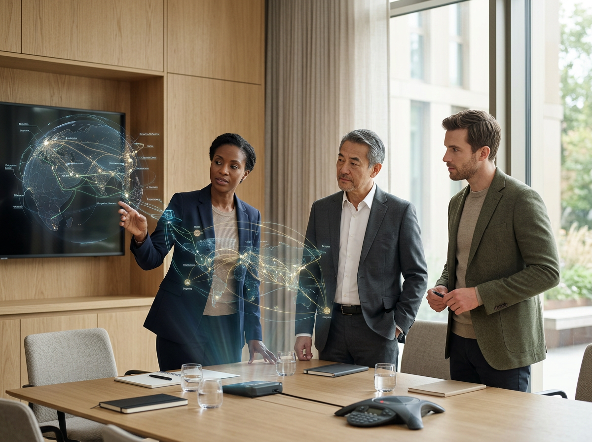 A woman in a blue blazer is giving a presentation to two men in a conference room, with a world map and data visualization projected on a screen.