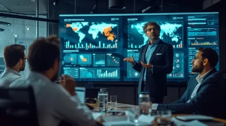 Business meeting in a conference room with a man presenting data on multiple large digital screens showing world maps and charts.