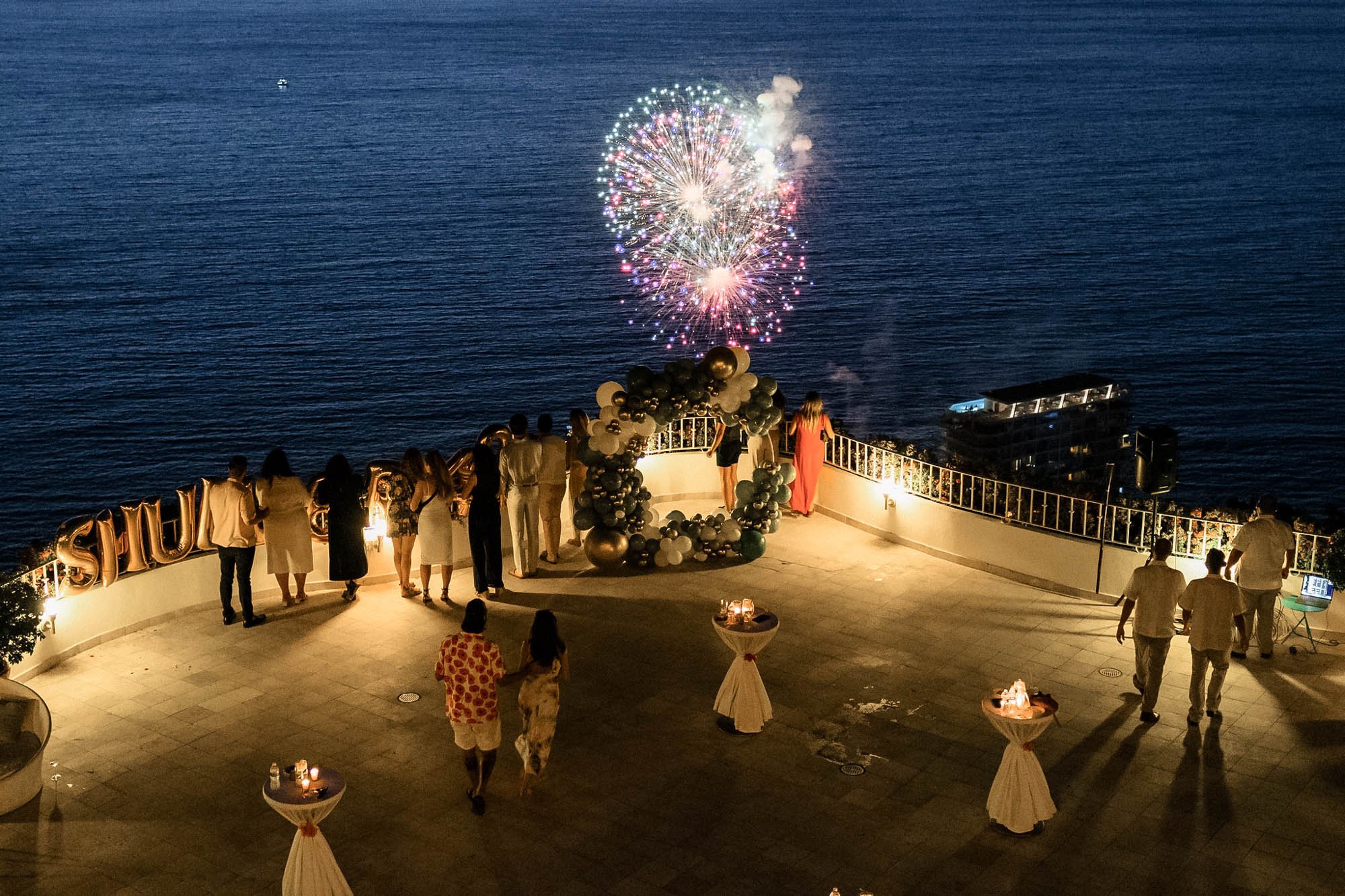 View of fireworks during a birthday on a rooftop of the Grand Miramar.