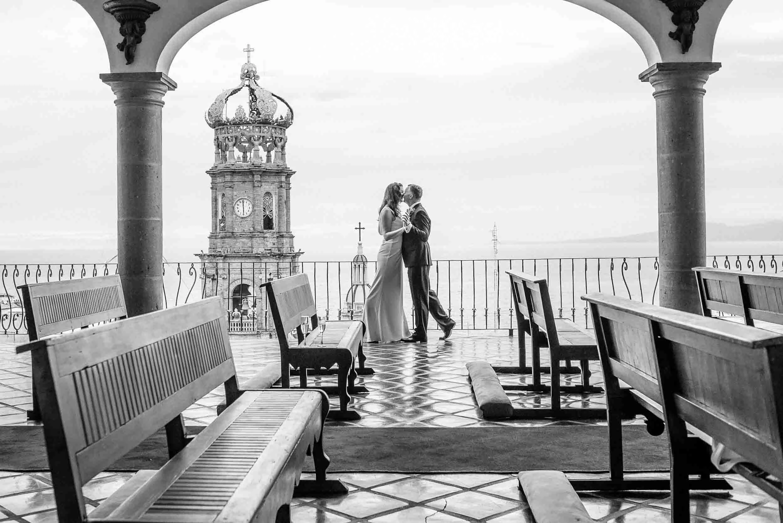 La Capella with church backdrop and newlyweds  in downtown Puerto Vallarta