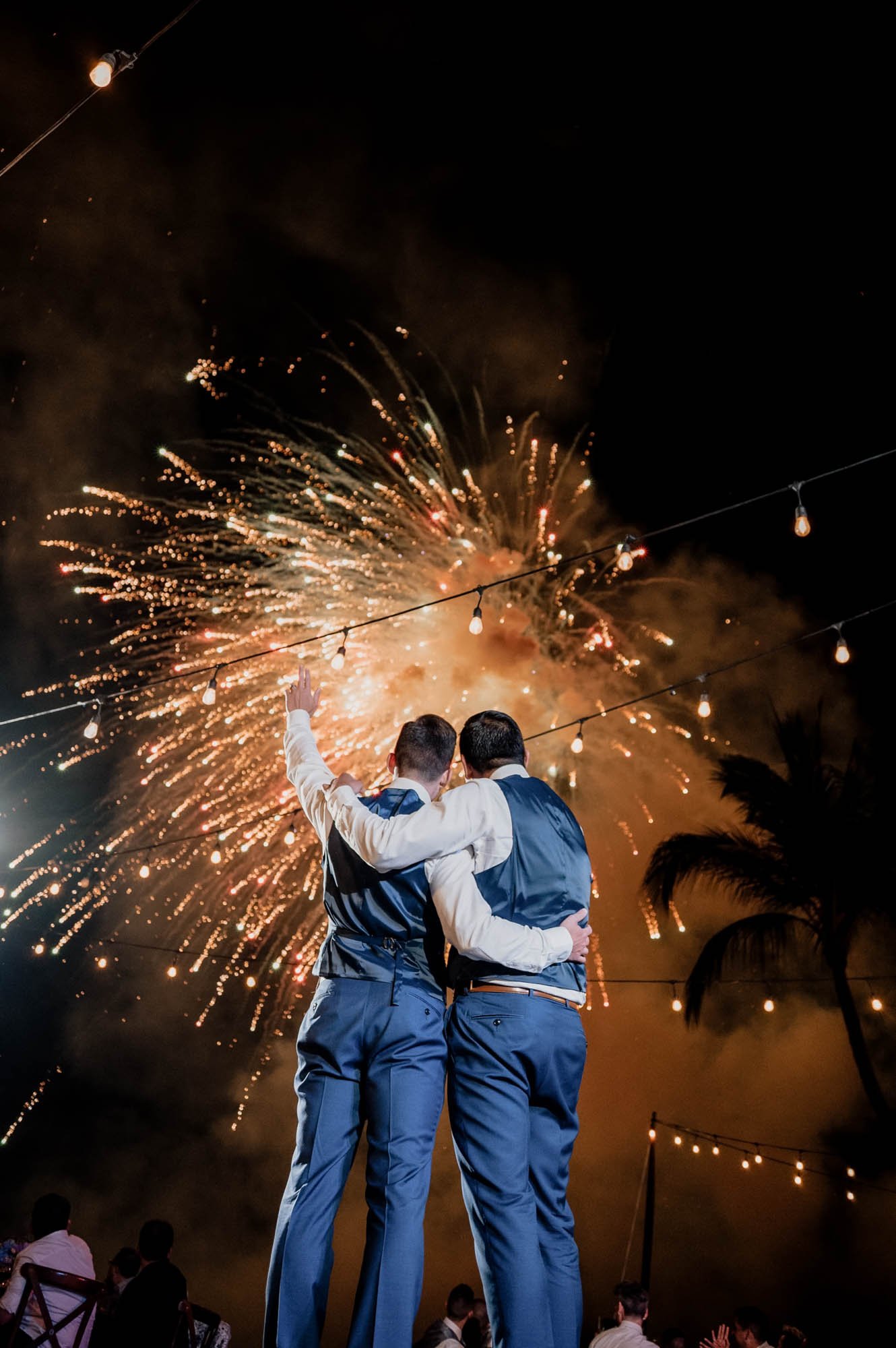 Amazing fireworks after the first dance of a LGBTQ couple married at La Mansion luxury private villa.