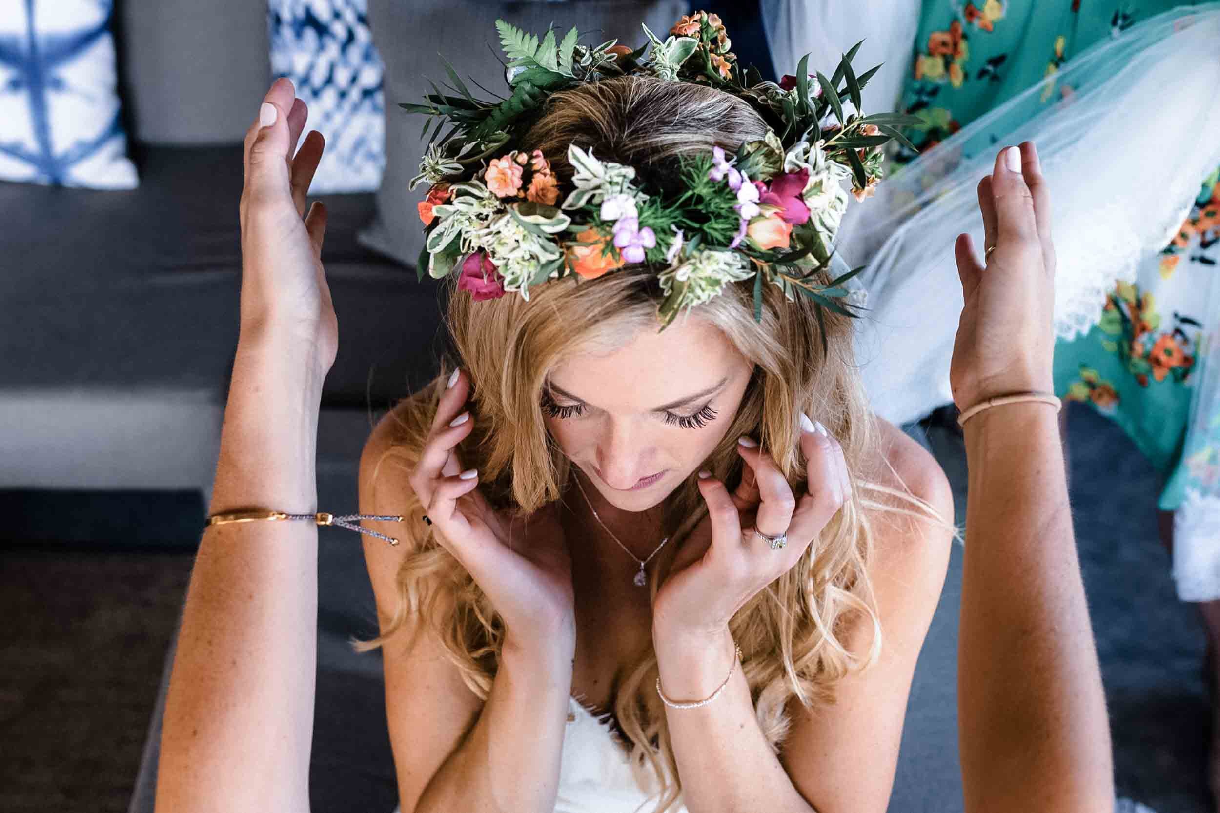 Bridal head piece detail during getting ready before wedding ceremony in Puerto Vallarta