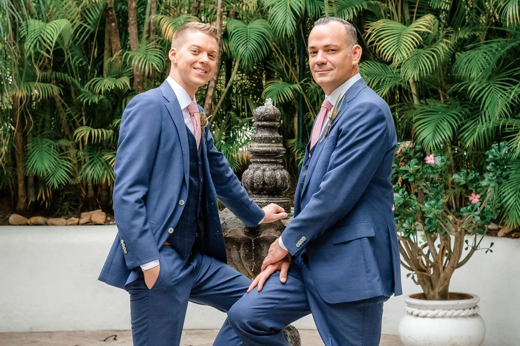 Portrait of gay couple on their wedding day during their destination wedding at La Mansion private luxury villa.