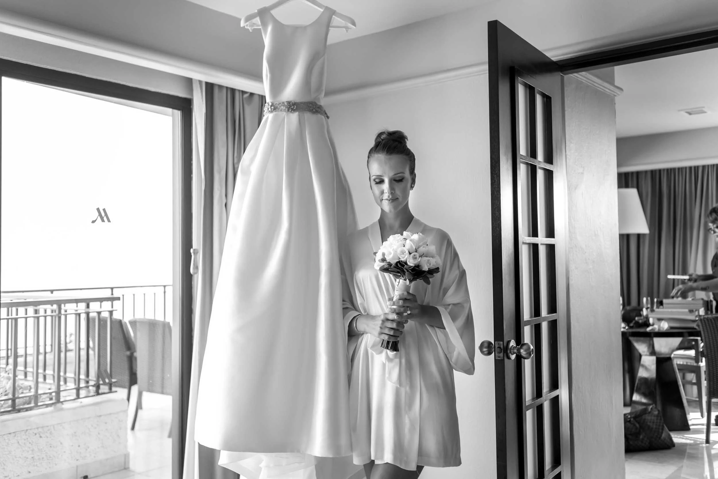 Bride along her wedding dress before the ceremony of her destination wedding in at the Marriot Resort in Puerto Vallarta