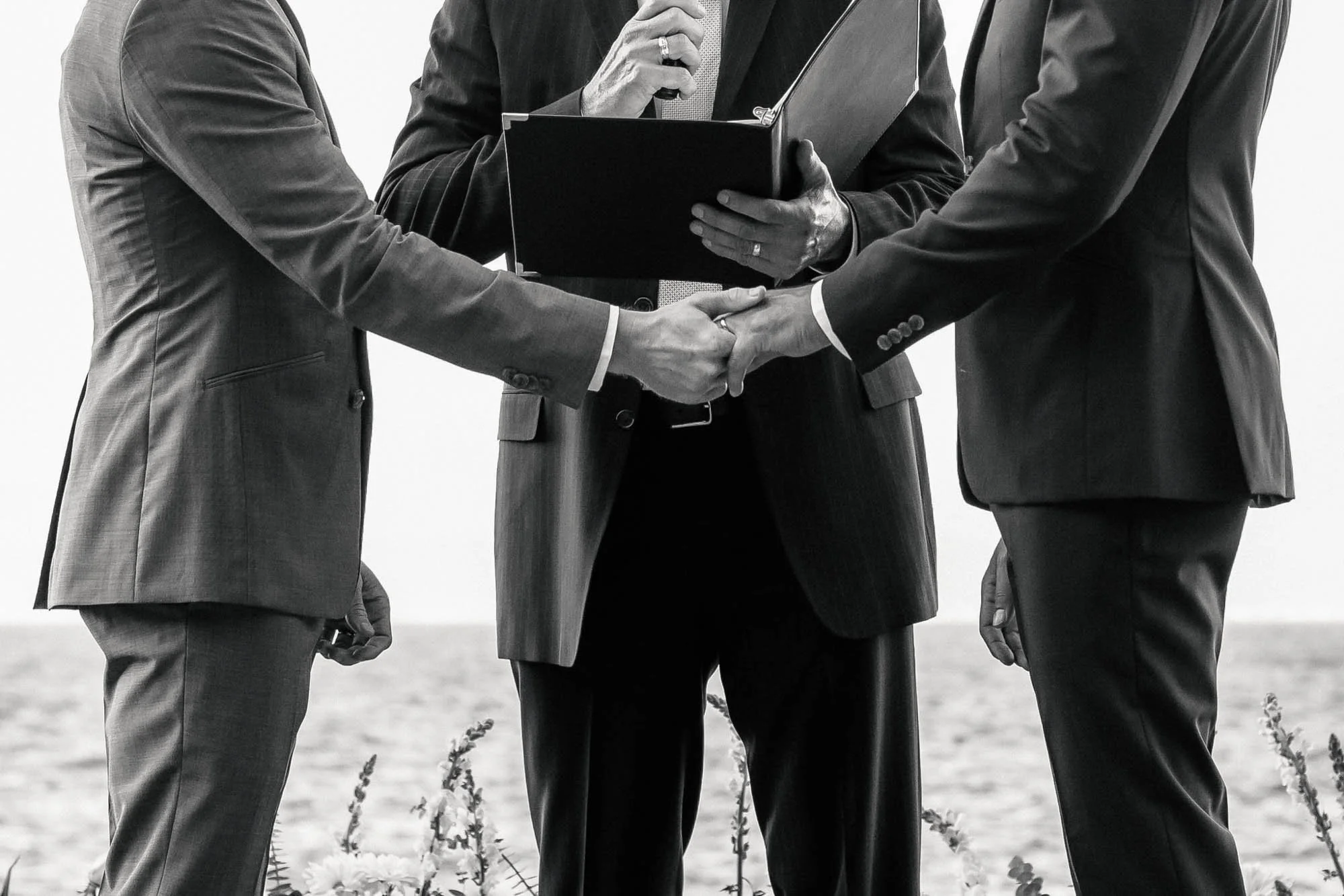 LGBTQ wedding with grooms holding hands after ring exchange in their wedding ceremony held at Villa Mandarinas.