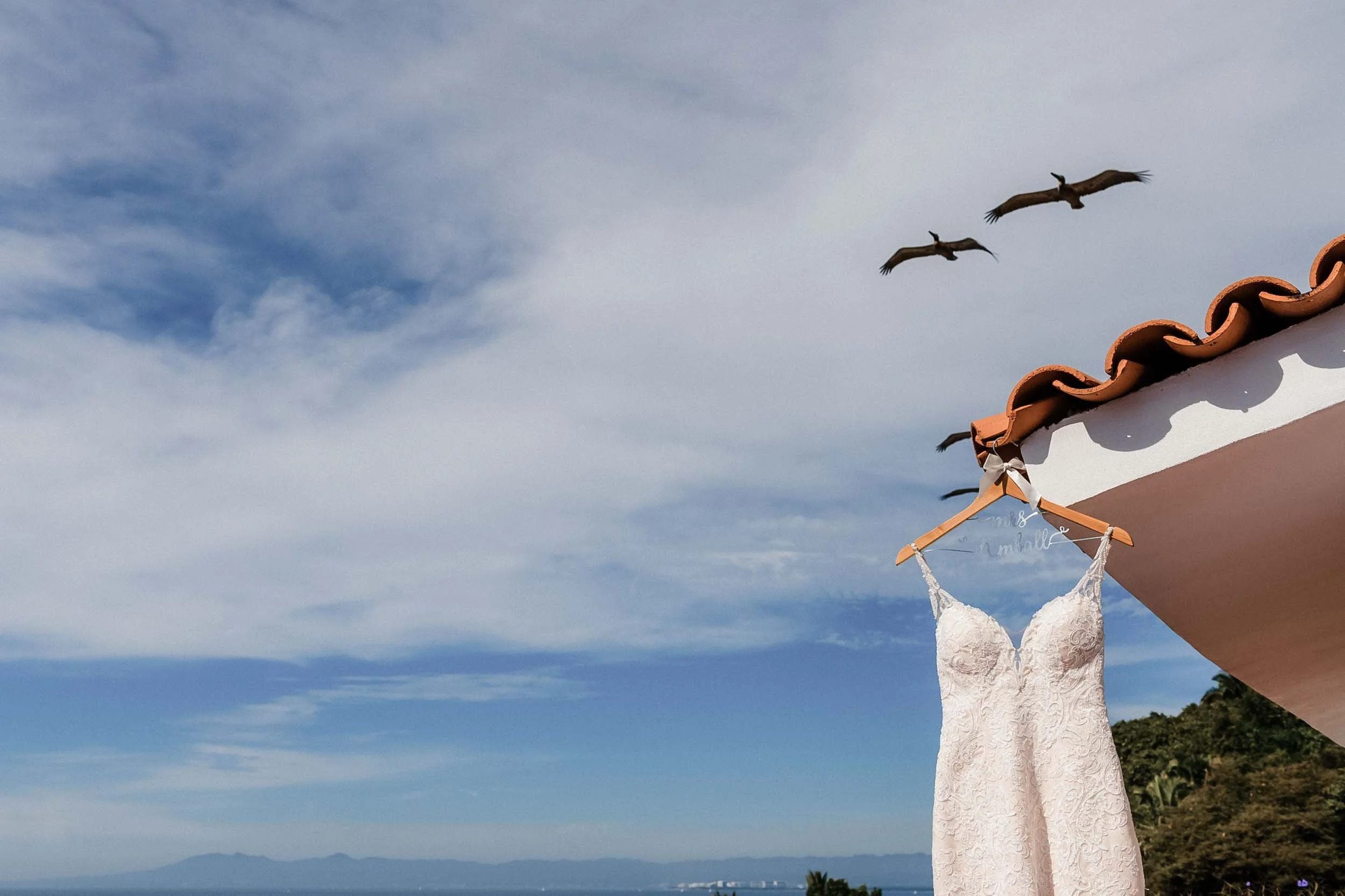 A wedding dress hanging with a view of the ocean and mountains in the background with 2 pelicans flying in the sky.