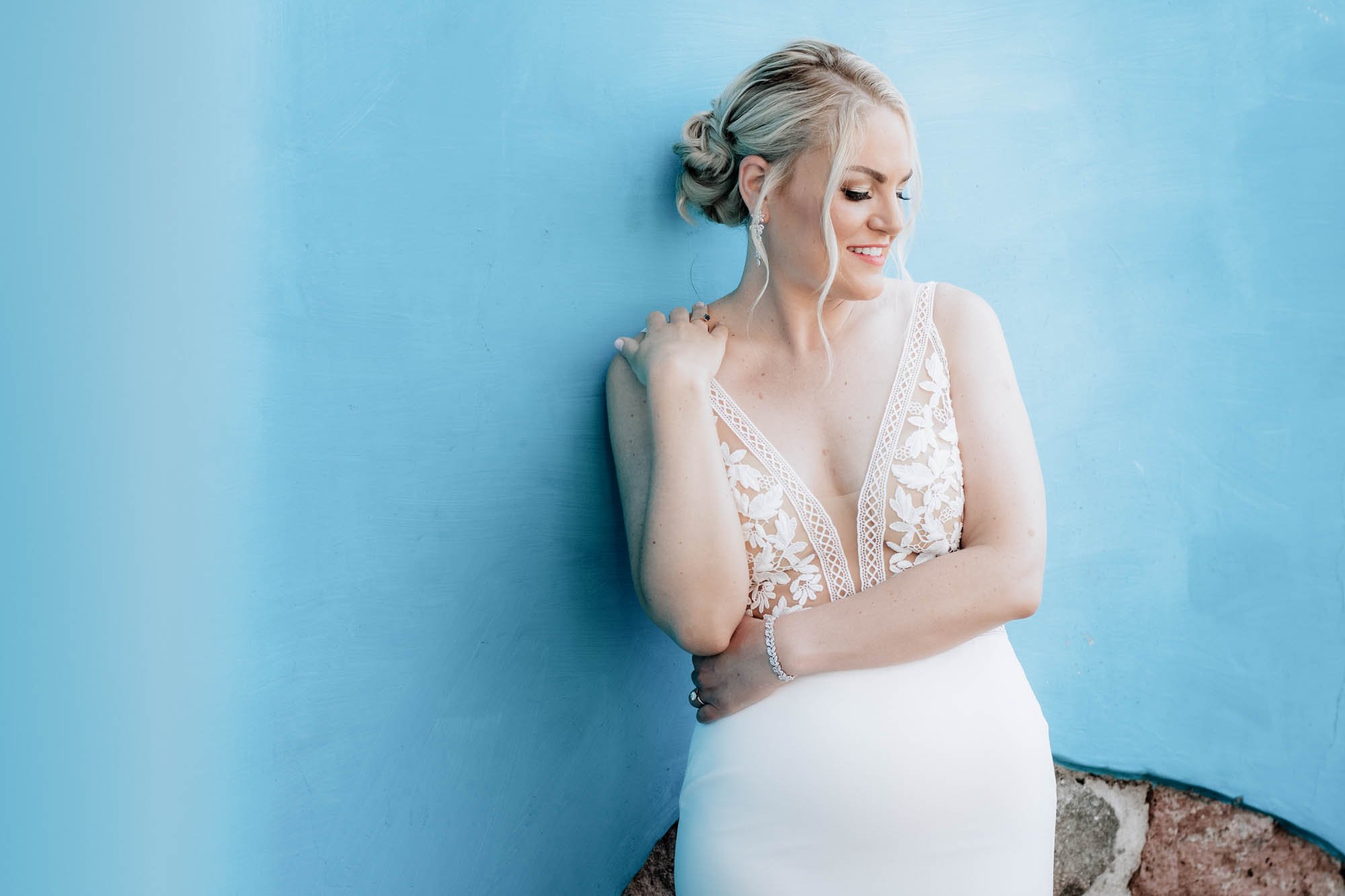 Portrait of bride during first look session.