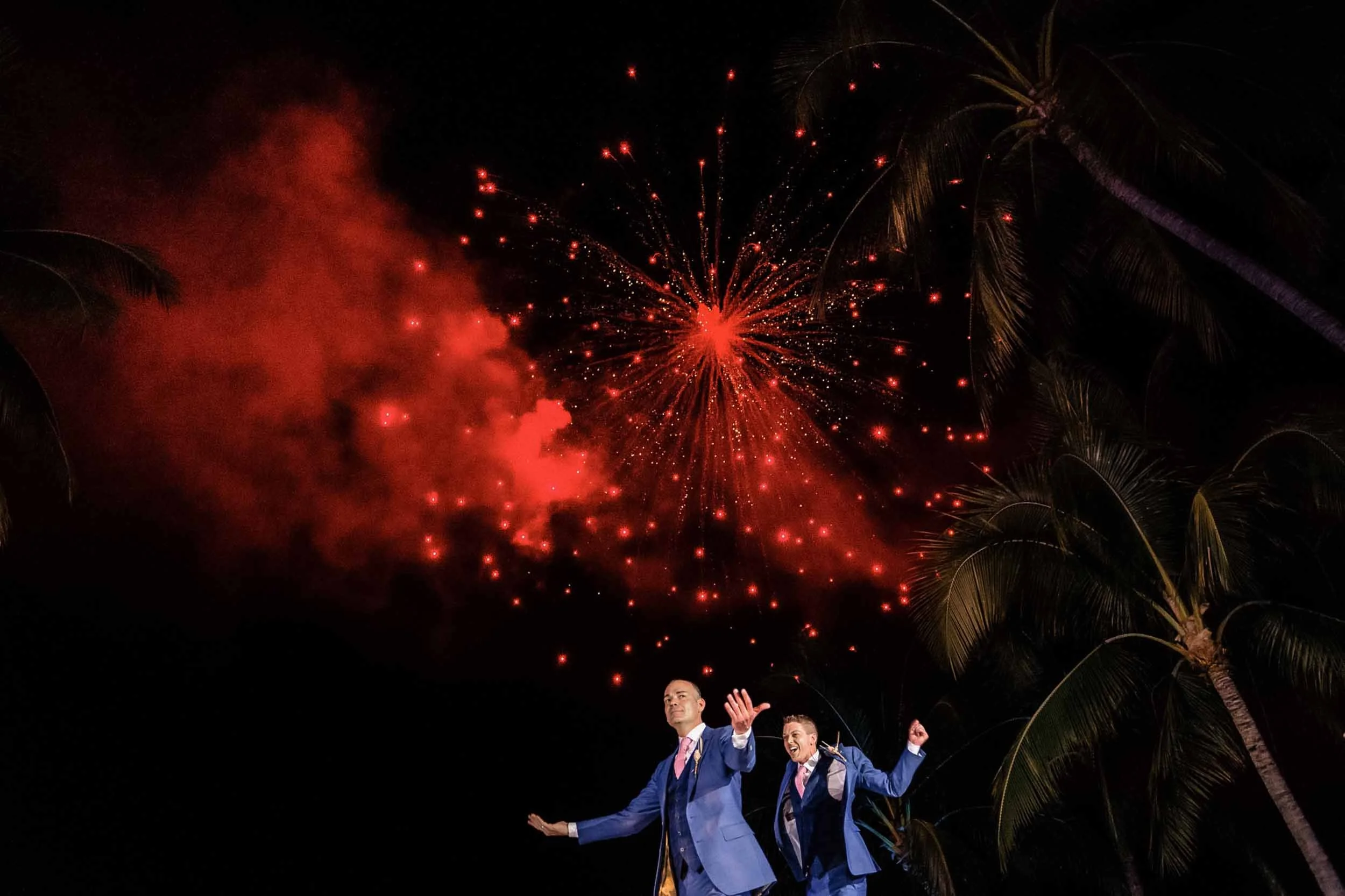 Exciting fireworks during the first dance of a gay couple having a destination wedding in Puerto Vallarta LGBTQ friendly city