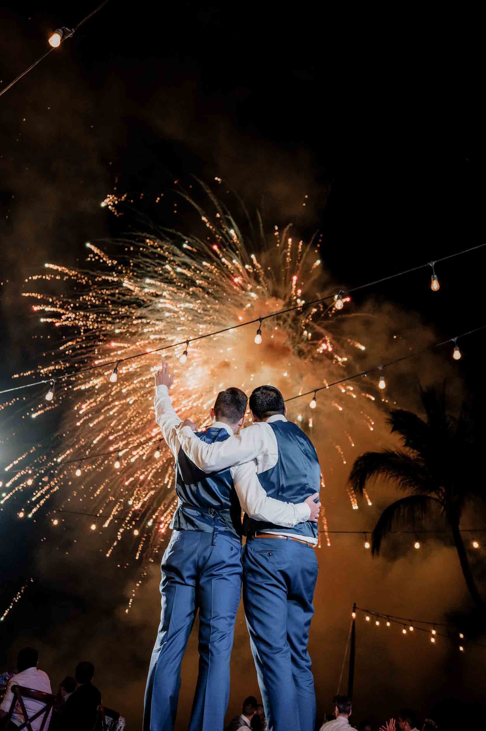 Amazing fireworks after the first dance of a LGBTQ couple married at a luxury private villa in Puerto Vallarta