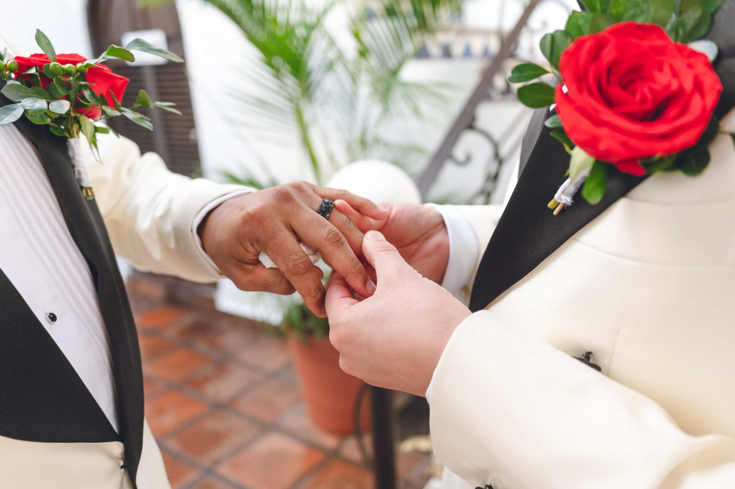 Hands of grooms with one groom looking at the other's wedding ring.