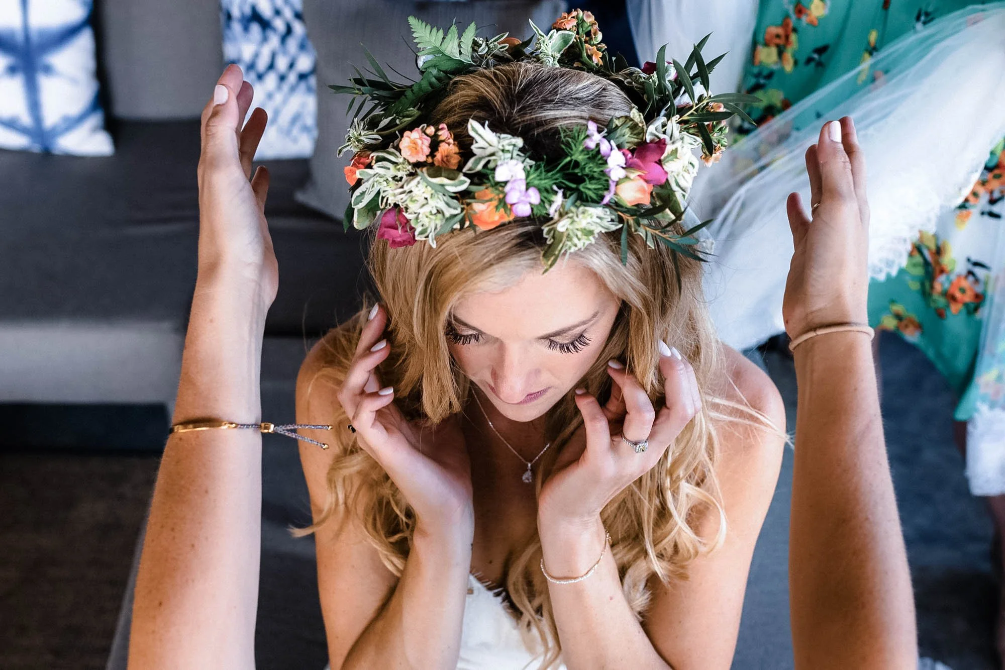 Bridal head piece detail during getting ready before wedding ceremony.