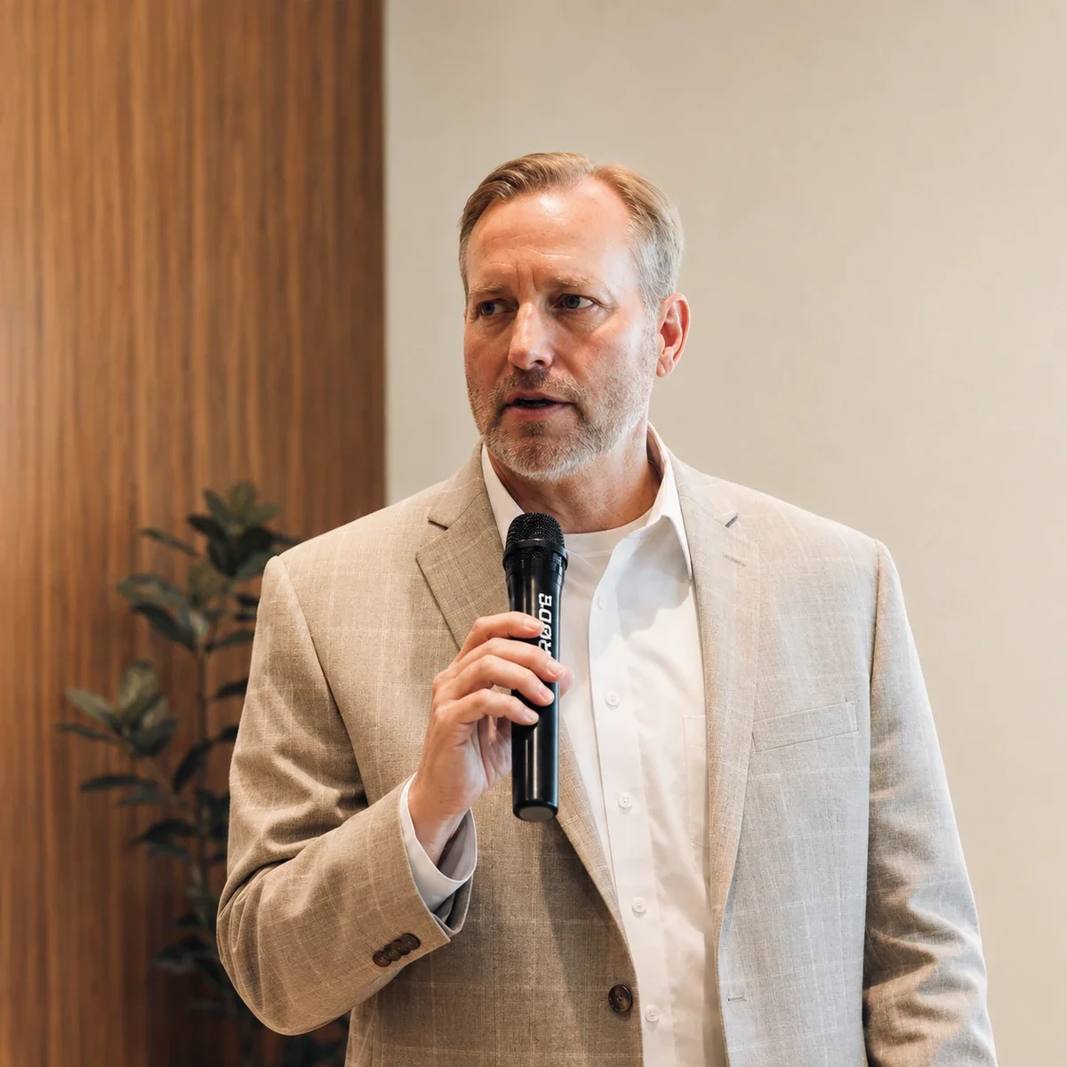Steve Snell, wearing a beige blazer and white shirt, holding a microphone, speaking at an indoor event in Hutto.