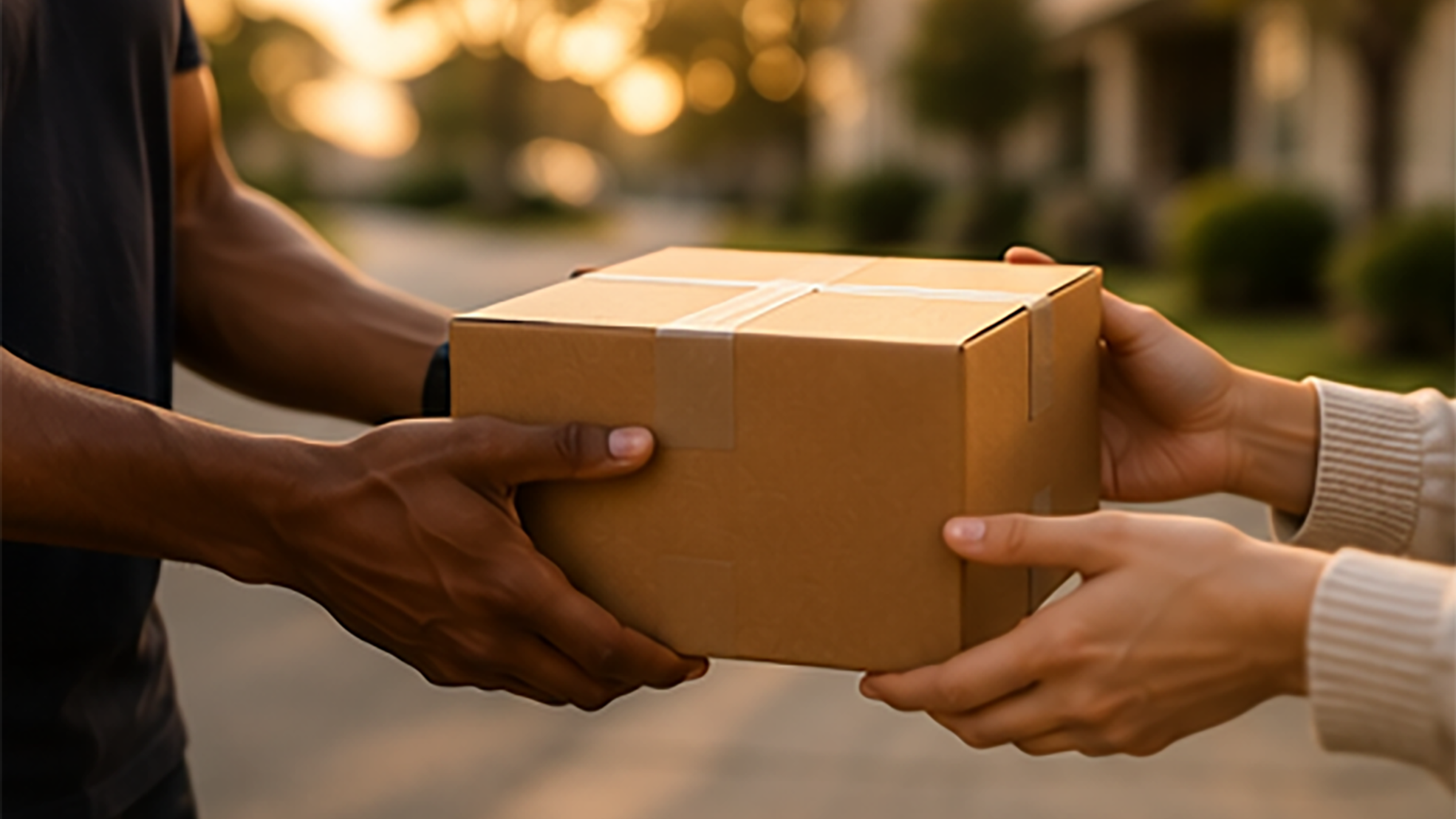 Person in a black shirt hands over a cardboard gift box wrapped with white tape to another person wearing a white sweater in an outdoor setting during sunset.