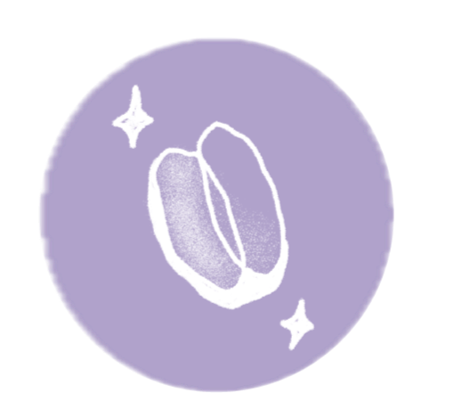 Minimalist illustration of two coffee beans with two sparkles on a purple circular background.